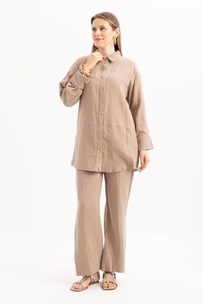 Allday S30088A0 Vizon Kadın Dikiş Detaylı Müslin Pantolonlu Takım