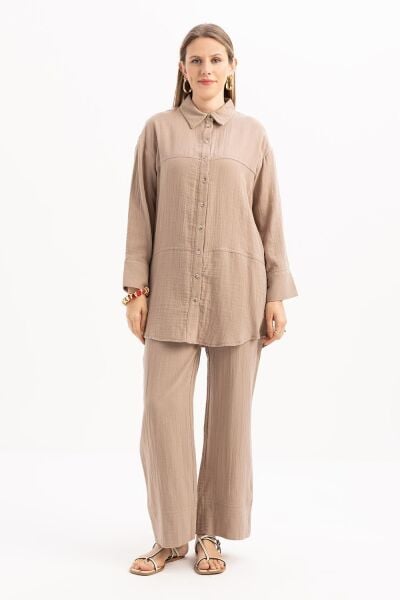 Allday S30088A0 Vizon Kadın Dikiş Detaylı Müslin Pantolonlu Takım