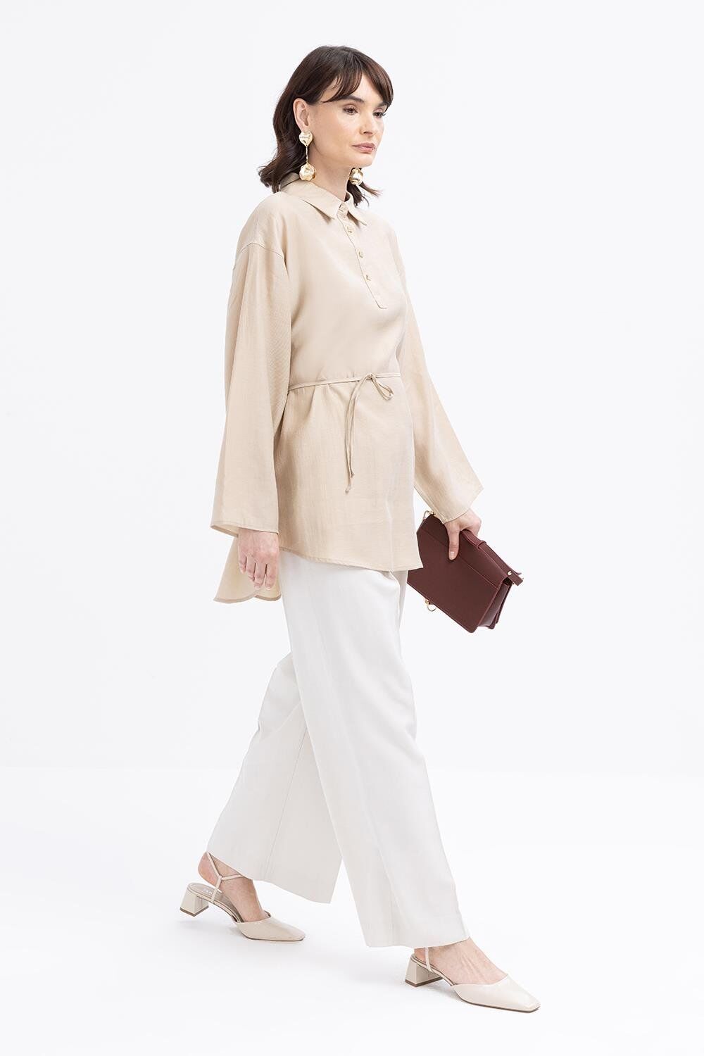 Allday S50247A0 Bej Kadın Yarım Patlı Beli Bağcıklı Tunik