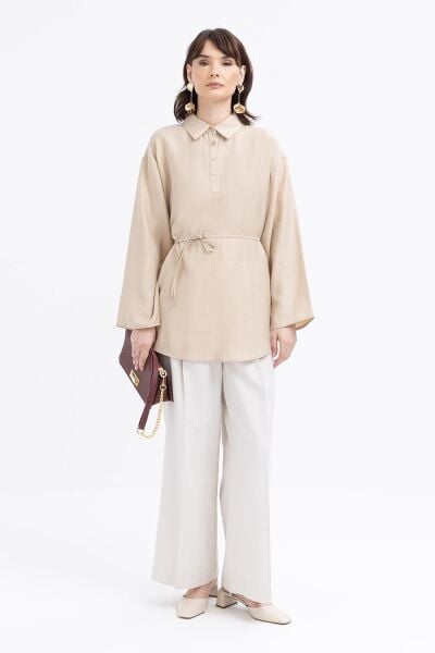 Allday S50247A0 Bej Kadın Yarım Patlı Beli Bağcıklı Tunik