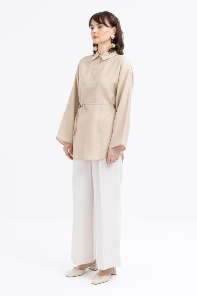 Allday S50247A0 Bej Kadın Yarım Patlı Beli Bağcıklı Tunik