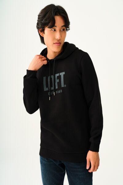 Loft 2037398 Siyah Erkek Gölge Kabartma Detaylı Kapüşonlu İçi Polalı Üç İplik Sweat