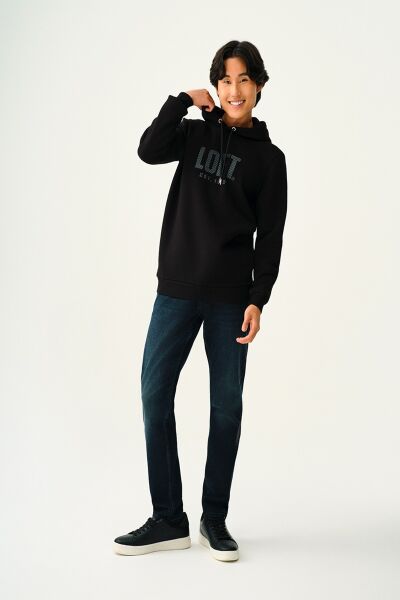 Loft 2037398 Siyah Erkek Gölge Kabartma Detaylı Kapüşonlu İçi Polalı Üç İplik Sweat