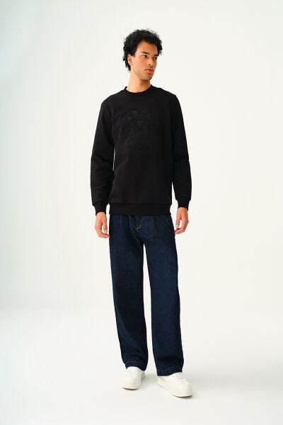 Loft 2037512 Siyah Erkek Regular Fit İki İplik Aslan Kabartma Logolu Bisiklet Yaka Sweat