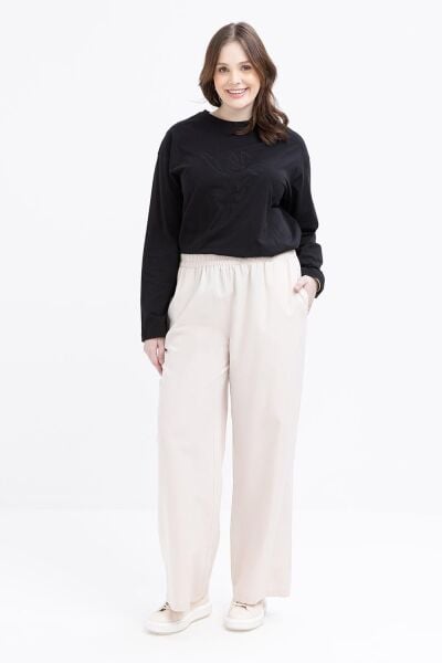 Allday S77125A9 Taş Kadın Büyük Beden Beli Lastikli Geniş Paça Keten Pantolon