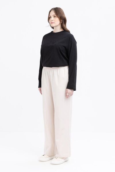 Allday S77125A9 Taş Kadın Büyük Beden Beli Lastikli Geniş Paça Keten Pantolon