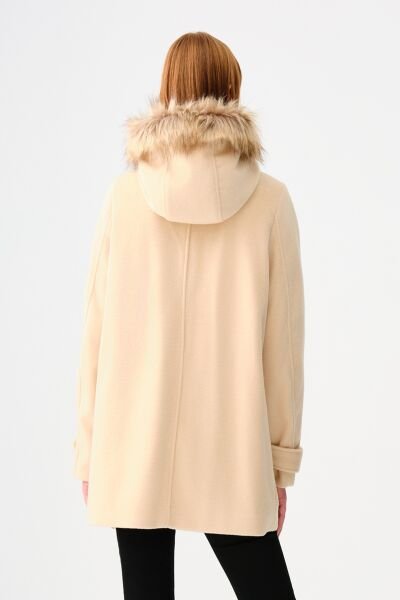 Loft 2037390 Bej Kadın Kürk Kapüşonlu Fermuar Ve düğme Detaylı Kaşe Kaban
