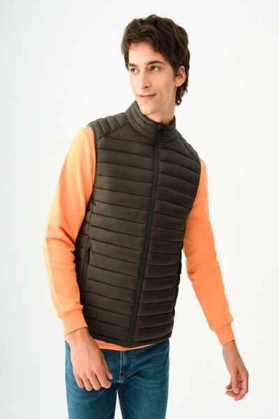 Loft 2033222 Koyu Haki Erkek Sıfır Kollu Boydan Fermuarlı Şişme Yelek