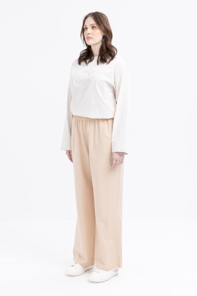 Allday S77125A9 Bej Kadın Büyük Beden Beli Lastikli Geniş Paça Keten Pantolon