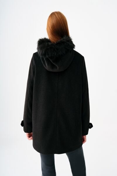 Loft 2037390 Siyah Kadın Kürk Kapüşonlu Fermuar Ve düğme Detaylı Kaşe Kaban