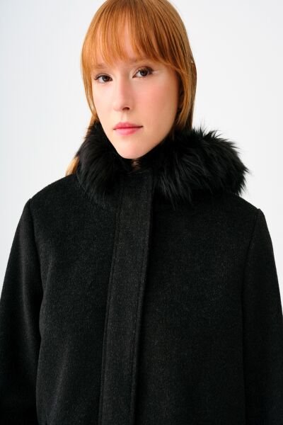 Loft 2037390 Siyah Kadın Kürk Kapüşonlu Fermuar Ve düğme Detaylı Kaşe Kaban