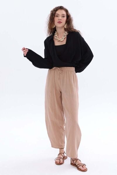 Allday 24DS77093AL0 Taş Kadın Beli Lastikli İpli Cepli Müslin Kumaş Pantolon