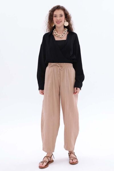 Allday 24DS77093AL0 Taş Kadın Beli Lastikli İpli Cepli Müslin Kumaş Pantolon