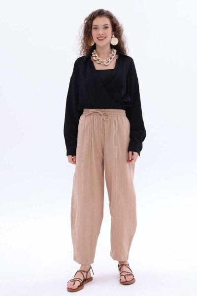 Allday 24DS77093AL0 Taş Kadın Beli Lastikli İpli Cepli Müslin Kumaş Pantolon