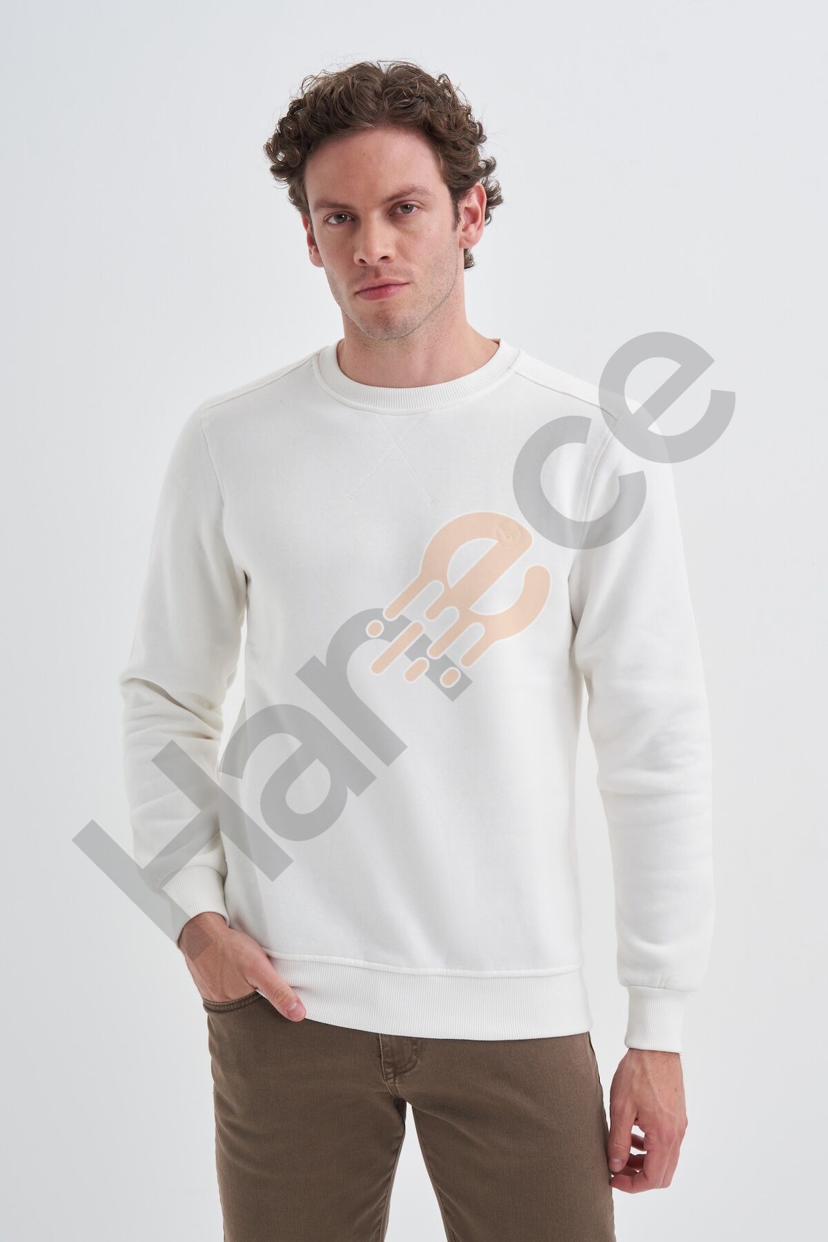Cazador 56150 Ekru Erkek Bisiklet Yaka Şardonlu Slim Fit Sweatshirt