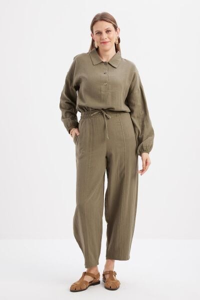 Allday 24DS77093AL0 Haki Kadın Beli Lastikli İpli Cepli Müslin Kumaş Pantolon