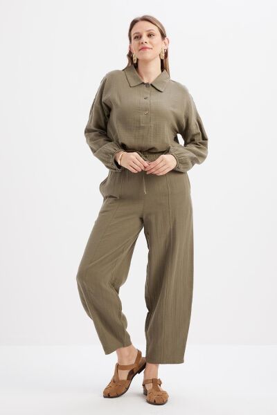Allday 24DS77093AL0 Haki Kadın Beli Lastikli İpli Cepli Müslin Kumaş Pantolon