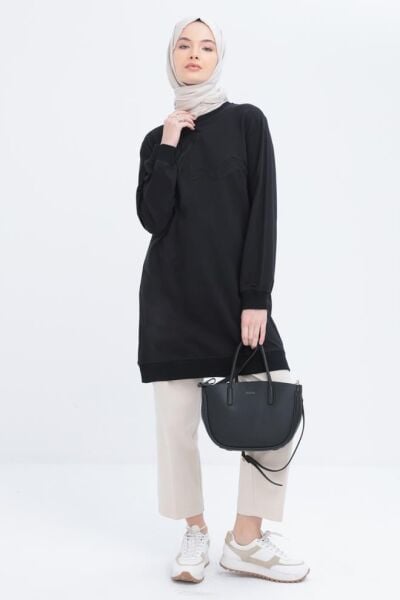 Allday S52304A0 Siyah Kadın Bisiklet Yaka Önü Nakış Detaylı Sweat