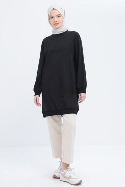 Allday S52304A0 Siyah Kadın Bisiklet Yaka Önü Nakış Detaylı Sweat