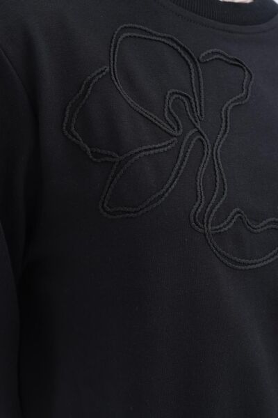 Allday S52304A0 Siyah Kadın Bisiklet Yaka Önü Nakış Detaylı Sweat