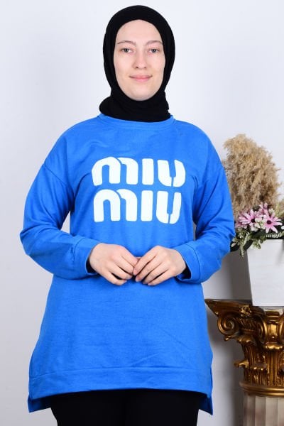 New Face 4458 Saks Kadın Bisiklet Yaka Yandan Yırtmaçlı Miu Baskılı Sweat
