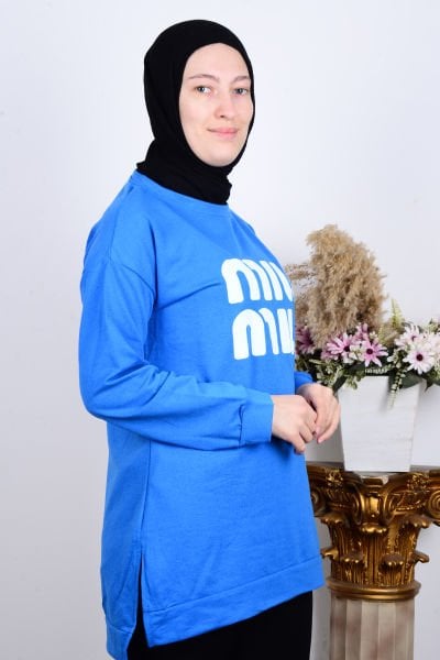 New Face 4458 Saks Kadın Bisiklet Yaka Yandan Yırtmaçlı Miu Baskılı Sweat