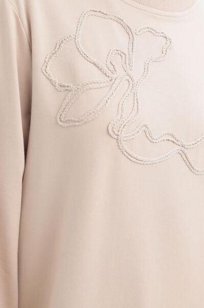 Allday S52304A0 Bej Kadın Bisiklet Yaka Önü Nakış Detaylı Sweat