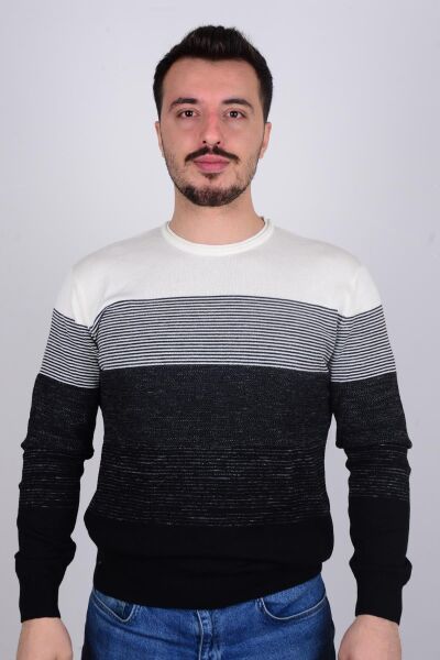 Cazador 3036 Ekru Önü Çizgili Bisiklet Yaka Erkek Kazak