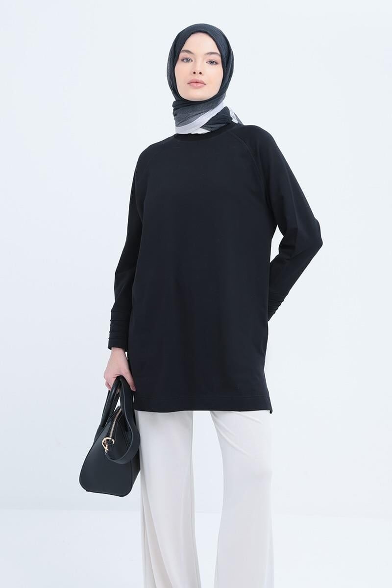 Allday S50255A0 Siyah Kadın Bisiklet Yaka Manşeti Nervür Detaylı Yırtmaçlı Likralı Tunik