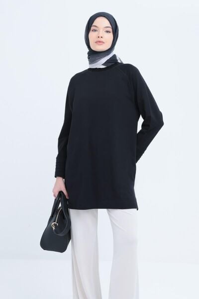 Allday S50255A0 Siyah Kadın Bisiklet Yaka Manşeti Nervür Detaylı Yırtmaçlı Likralı Tunik