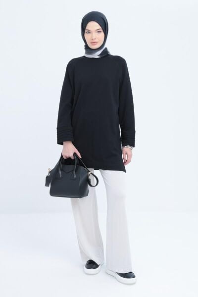 Allday S50255A0 Siyah Kadın Bisiklet Yaka Manşeti Nervür Detaylı Yırtmaçlı Likralı Tunik