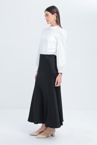 Allday BDB62077AL0 Siyah Kadın Beli Lastikli Saten Etek