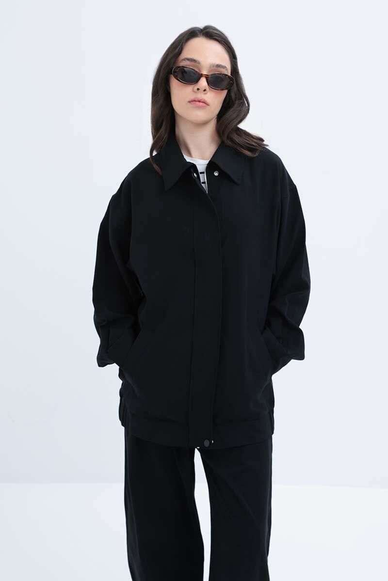 Allday S85051A0 Siyah Kadın Etek Ucu Lastikli Fermuarlı Kadın Ceket