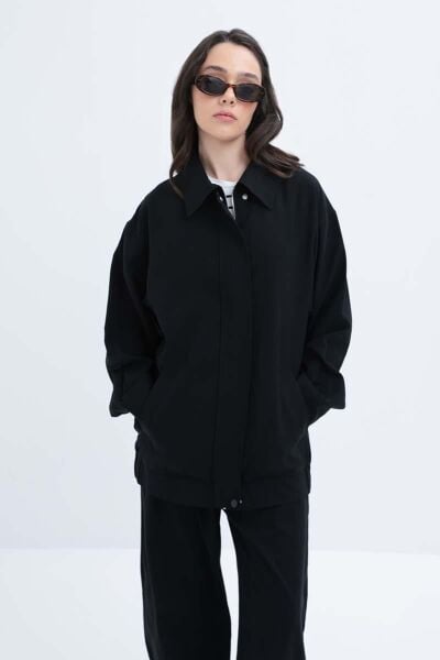 Allday S85051A0 Siyah Kadın Etek Ucu Lastikli Fermuarlı Kadın Ceket