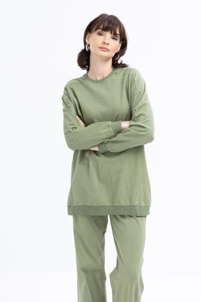 Allday S30099A0 Haki Kadın Bisiklet Yaka Ribanalı Pantolonlu Takım