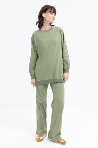 Allday S30099A0 Haki Kadın Bisiklet Yaka Ribanalı Pantolonlu Takım