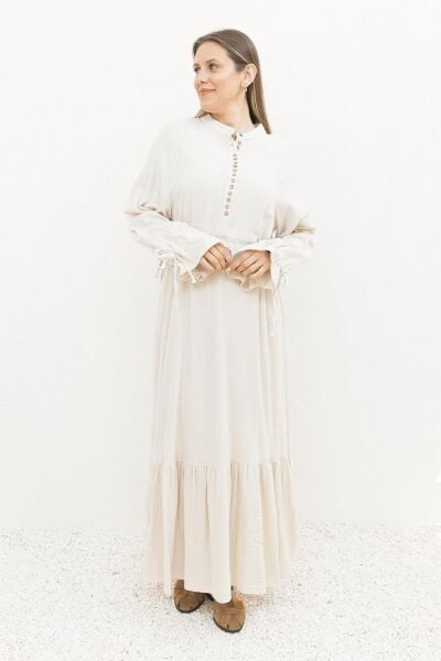 Allday S60179A0 Taş Kadın Düğme Detaylı Beli Bağlamalı Biritli Müslim Kumaş Elbise