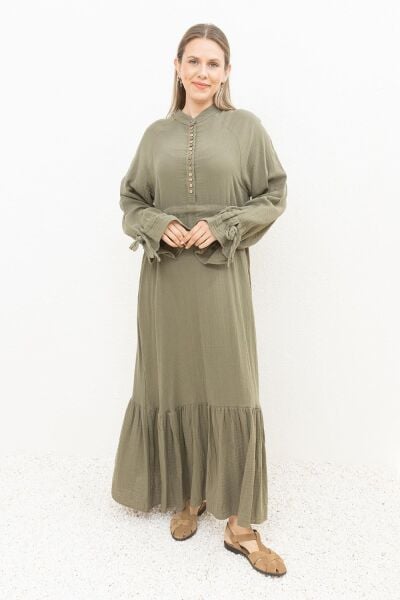 Allday S60179A0 Haki Kadın Düğme Detaylı Beli Bağlamalı Biritli Müslim Kumaş Elbise