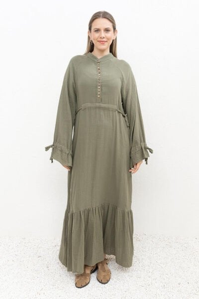 Allday S60179A0 Haki Kadın Düğme Detaylı Beli Bağlamalı Biritli Müslim Kumaş Elbise