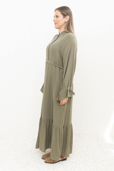 Allday S60179A0 Haki Kadın Düğme Detaylı Beli Bağlamalı Biritli Müslim Kumaş Elbise