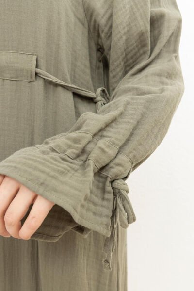 Allday S60179A0 Haki Kadın Düğme Detaylı Beli Bağlamalı Biritli Müslim Kumaş Elbise