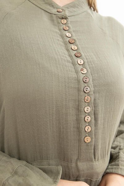 Allday S60179A0 Haki Kadın Düğme Detaylı Beli Bağlamalı Biritli Müslim Kumaş Elbise