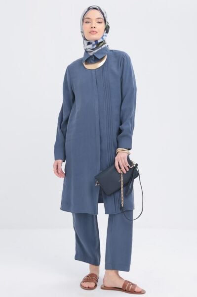 Allday S30086A0 İndigo Kadın Nervrlü Yrtmaçlı Modal Pantolonlu Takım