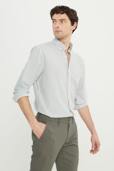 Altınyıldız ACE020252161 Beyaz Çizgili Erkek Comfort Fit Uzun Kol Gömlek