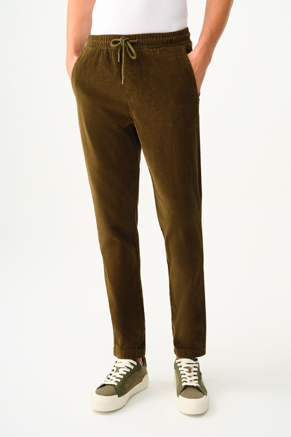 Loft 2037284 Cord Fabric Slection Koyu Haki Dik Kumaş Cepli Belden Lastikli İp Detayliı Keten Pantalon