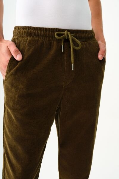 Loft 2037284 Cord Fabric Slection Koyu Haki Dik Kumaş Cepli Belden Lastikli İp Detayliı Keten Pantalon