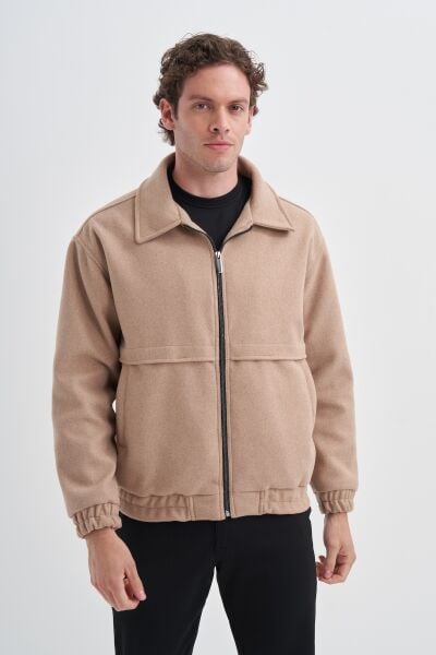 Cazador 10330 Bej Erkek Astarlı Regular Fit Kolu Beli Büzgülü Kaşe Mont